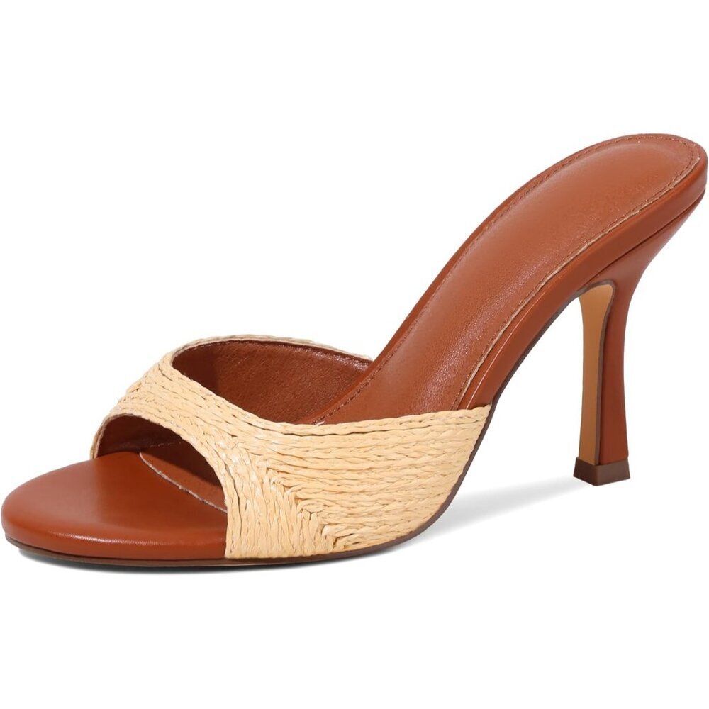 Women's Natural Slip On Kitten Mule Slides Woven Heels Rubber Sandals Dress